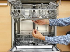 Repairman repairing a dishwasher