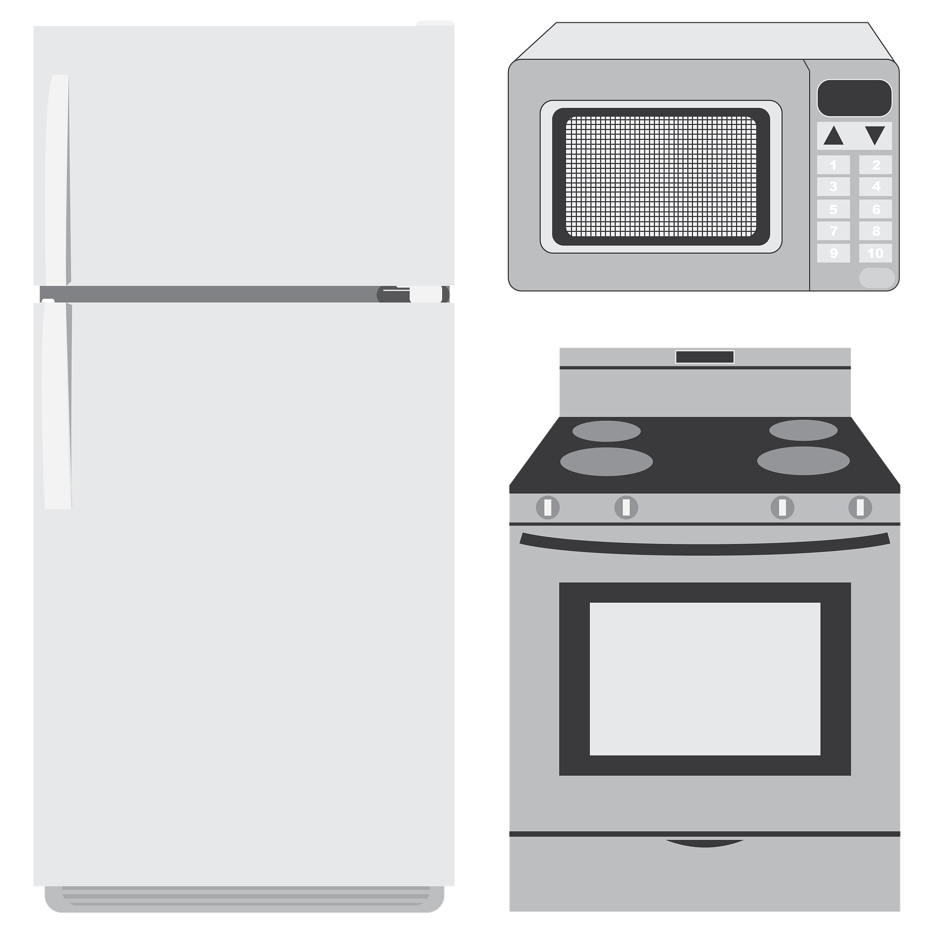 Various kind of appliances including microwave, oven and refrigerator